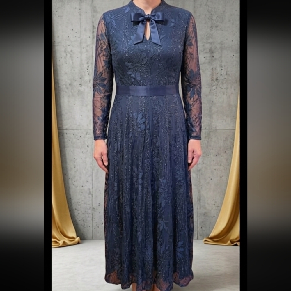 Navy Blue T Lace Midi Elegant A-line Prom/Cocktail/Mother of Bride Dress M